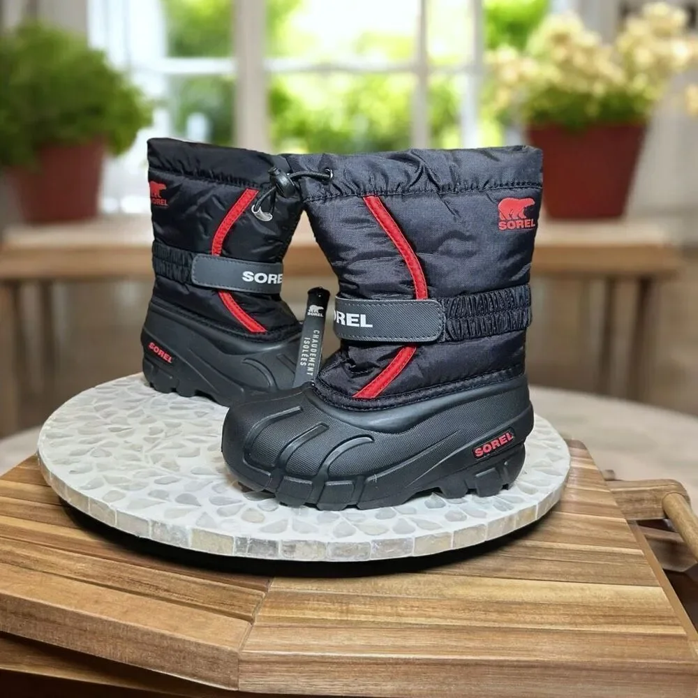 Sorel Kids Flurry Insulated Winter Snow Boots Black Red Size 10 US (27 EU) Water
